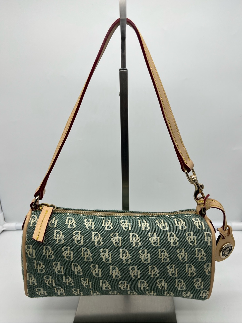 DOONEY & BOURKE Y2K Mini Barrel Monogram Green Canvas Leather Trim Shoulder Bag